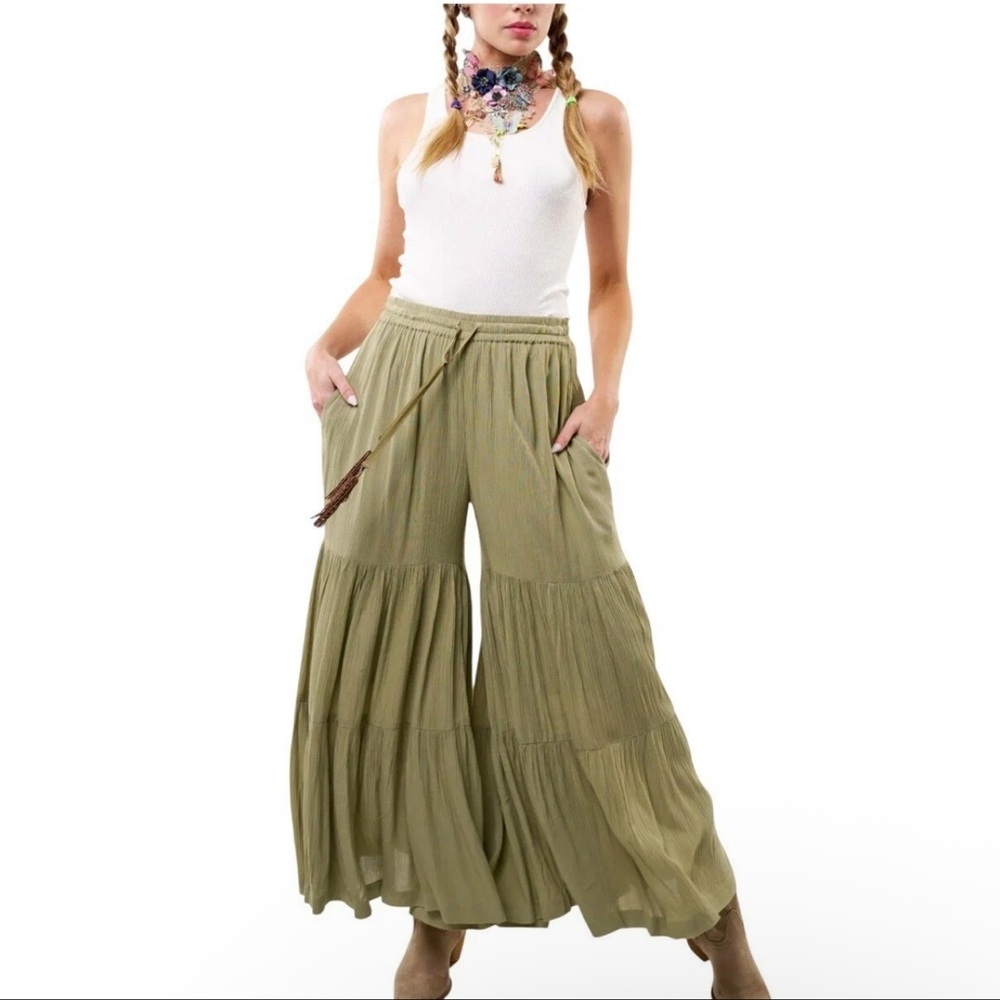 Aratta Dream Pants Wide Leg Tiered Gaucho Pants Beige Sz XL NWOT Lagenlook Boho